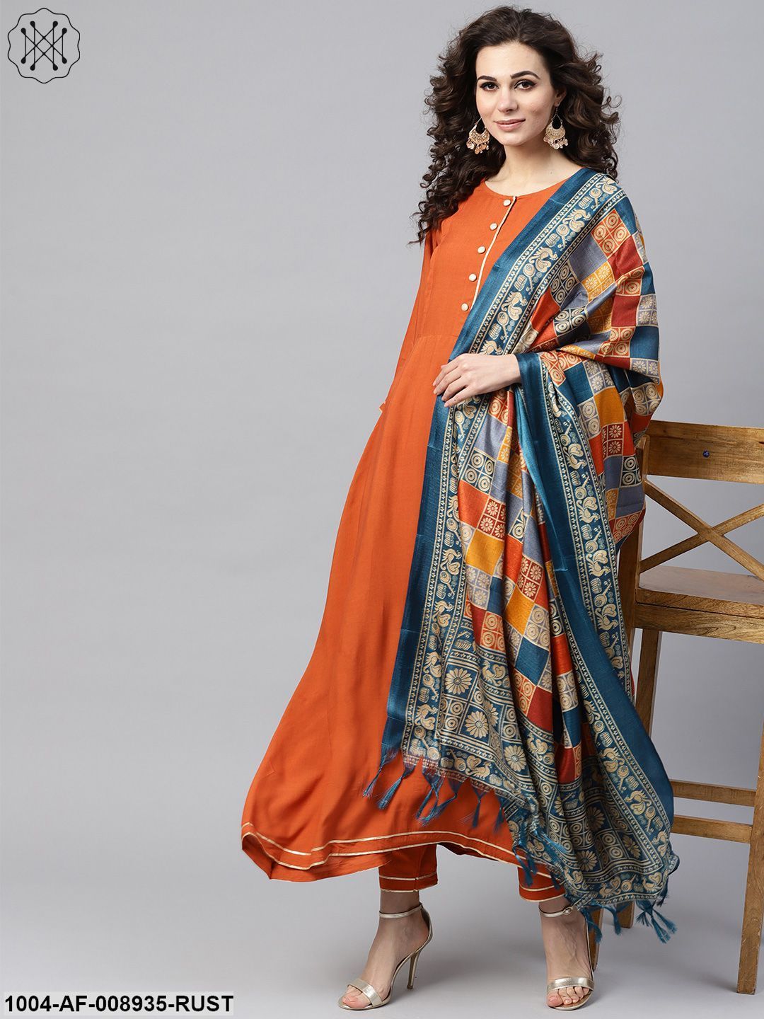 Rust Orange A-Line Kurta Set With Pants & Bhagalpur Printed Dupatta