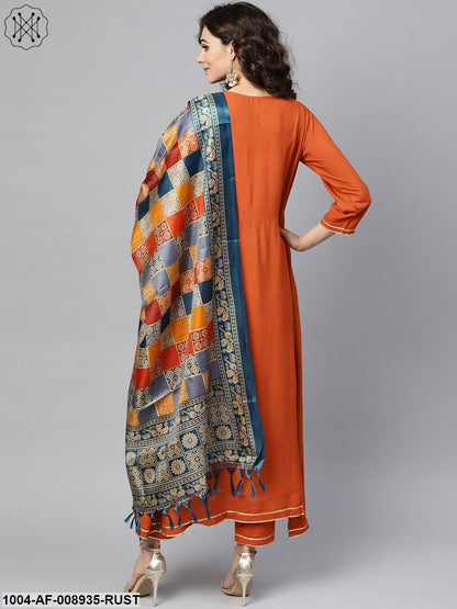 Rust Orange A-Line Kurta Set With Pants & Bhagalpur Printed Dupatta