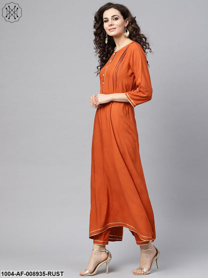 Rust Orange A-Line Kurta Set With Pants & Bhagalpur Printed Dupatta