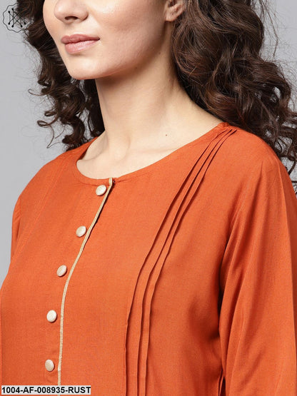Rust Orange A-Line Kurta Set With Pants & Bhagalpur Printed Dupatta
