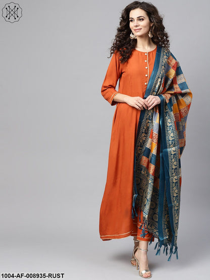 Rust Orange A-Line Kurta Set With Pants & Bhagalpur Printed Dupatta