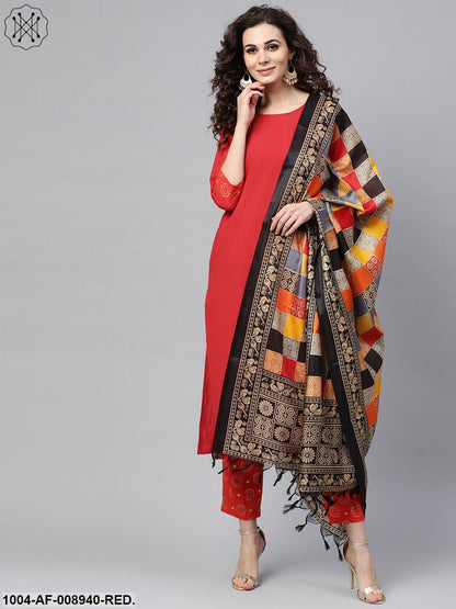 Solid Red Kurta Set With Gold Printed Pants With Multi Coloured Bhagalpur Dupatta