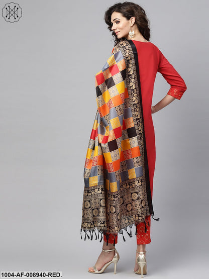 Solid Red Kurta Set With Gold Printed Pants With Multi Coloured Bhagalpur Dupatta