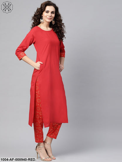 Solid Red Kurta Set With Gold Printed Pants With Multi Coloured Bhagalpur Dupatta