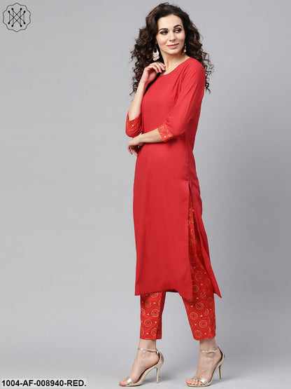 Solid Red Kurta Set With Gold Printed Pants With Multi Coloured Bhagalpur Dupatta
