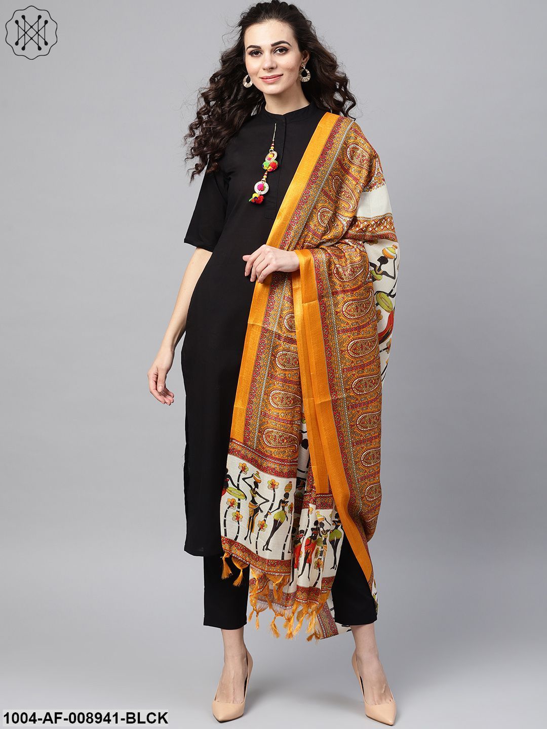 Solid Black Kurta Set With Pants & Bhagalpur Multi Coloured Dupatta