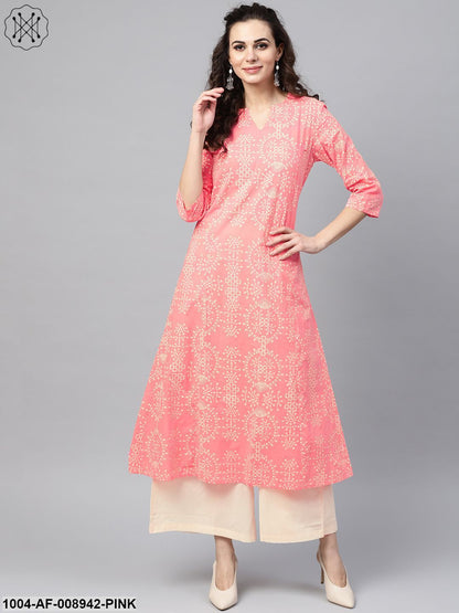 Pink Printed 3/4Th Sleeve Kurta Set With Beige Palazzo
