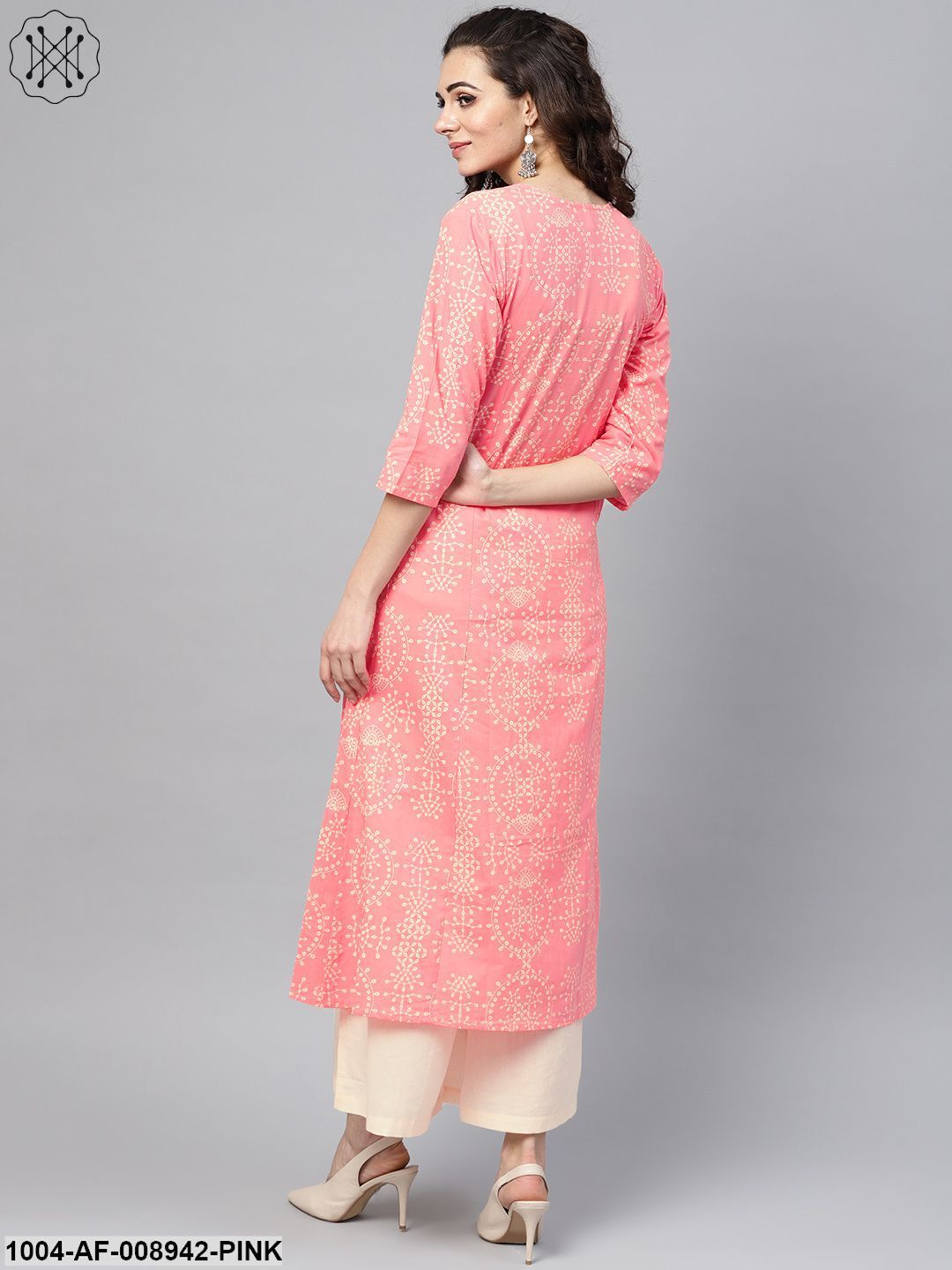 Pink Printed 3/4Th Sleeve Kurta Set With Beige Palazzo