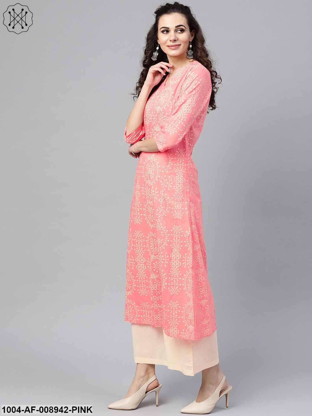 Pink Printed 3/4Th Sleeve Kurta Set With Beige Palazzo