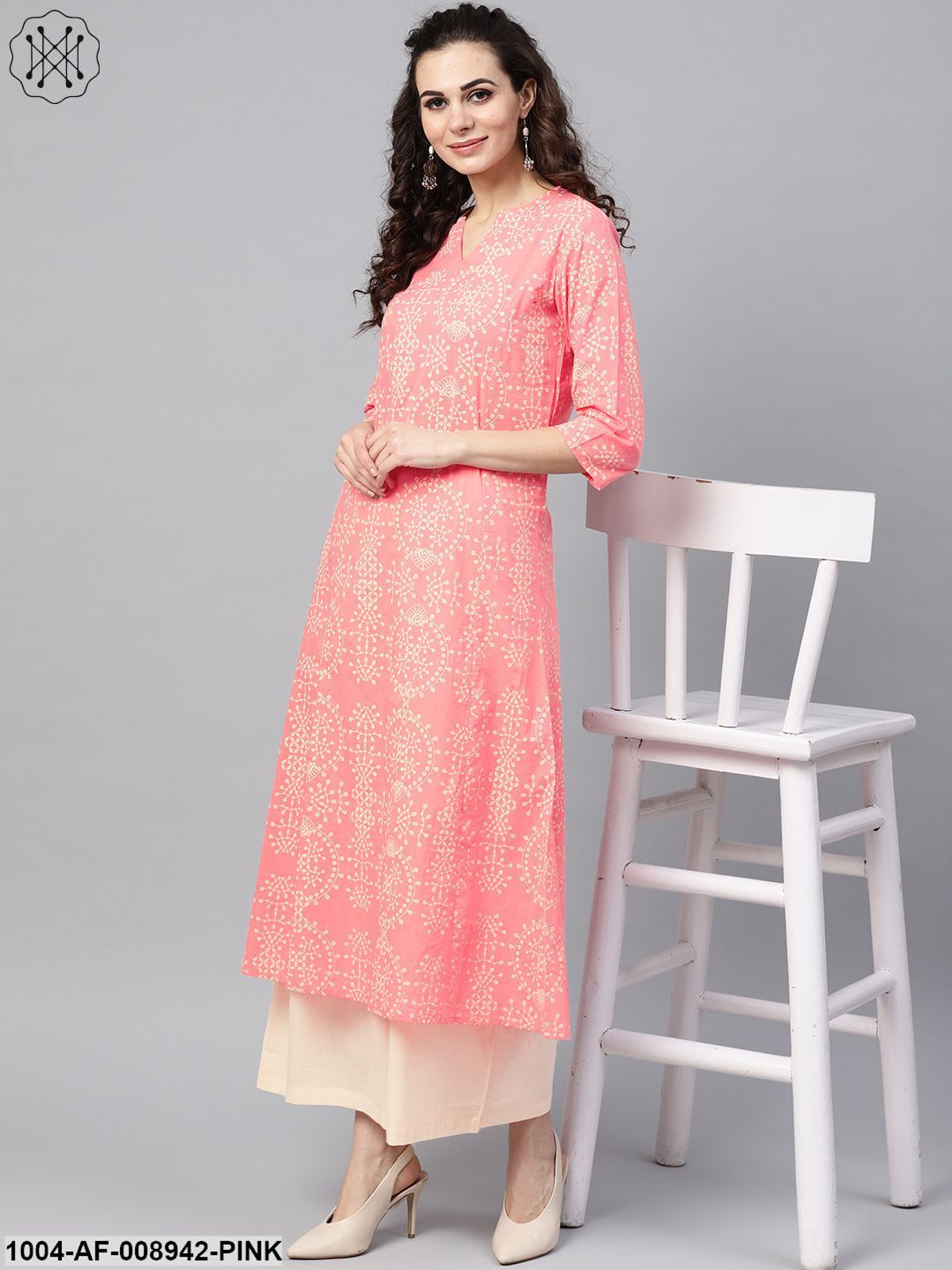Pink Printed 3/4Th Sleeve Kurta Set With Beige Palazzo