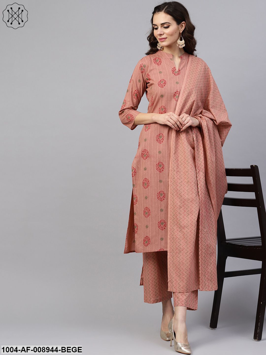 Beige Printed 3/4Th Sleeve Cotton Kurta Set With Striped Printed Dupatta