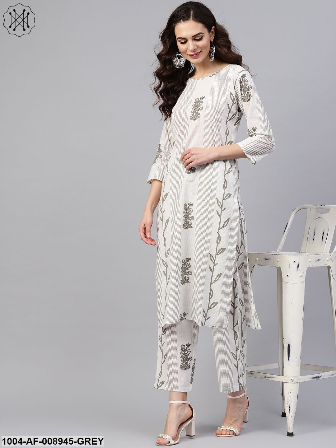 Grey Printed 3/4Th Sleeve Kurta With Palazzo