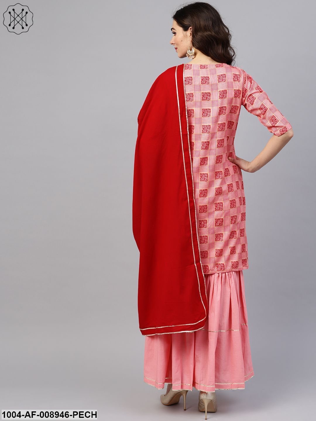 Peach 3/4Th Sleeve Printed Kurta Set With Sahara And Red Dupatta