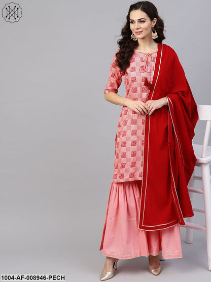 Peach 3/4Th Sleeve Printed Kurta Set With Sahara And Red Dupatta