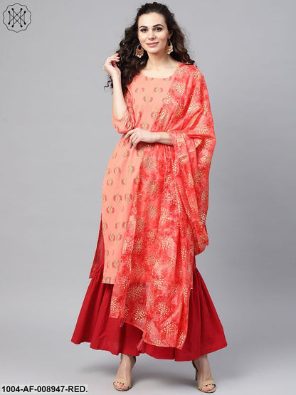 Coral Pink Printed Straight Kurta With Sahara & Gold Printed Organza Dupatta