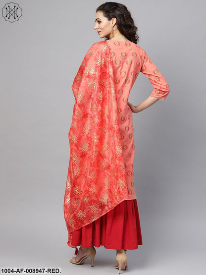 Coral Pink Printed Straight Kurta With Sahara & Gold Printed Organza Dupatta