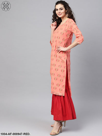 Coral Pink Printed Straight Kurta With Sahara & Gold Printed Organza Dupatta