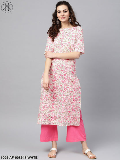 White Printed Floral Straight Kurta Set With Solid Pink Pants