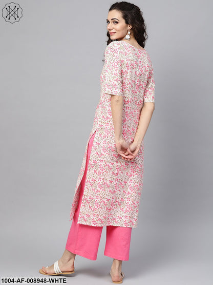 White Printed Floral Straight Kurta Set With Solid Pink Pants