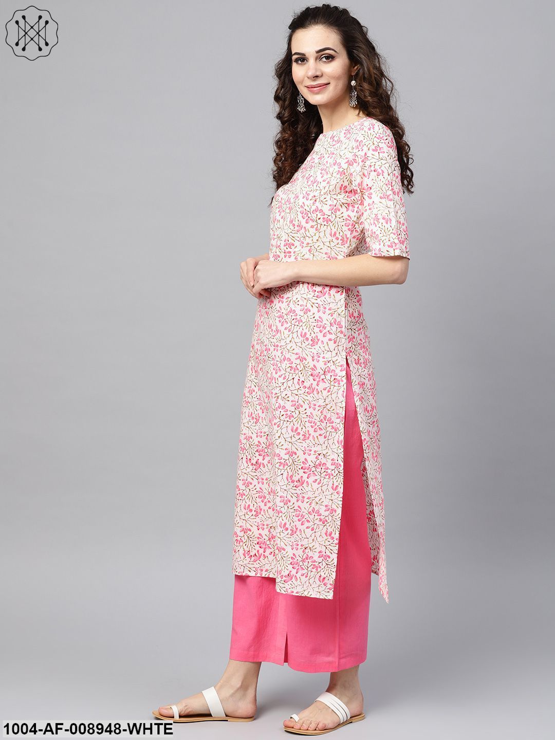 White Printed Floral Straight Kurta Set With Solid Pink Pants