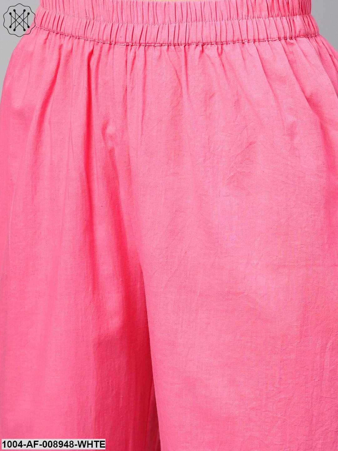 White Printed Floral Straight Kurta Set With Solid Pink Pants