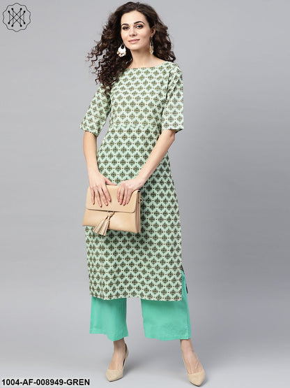 Light Green Multi Printed Straight Kurta Set With Solid Green Pants