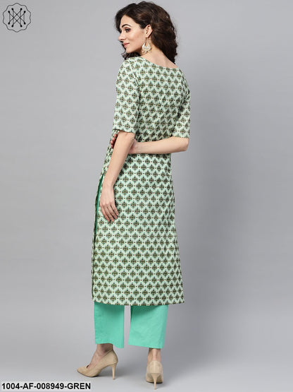 Light Green Multi Printed Straight Kurta Set With Solid Green Pants