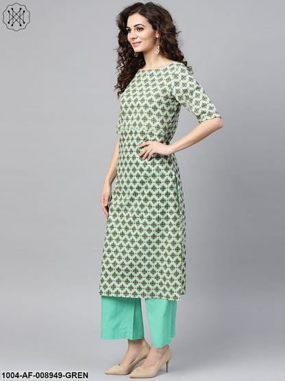 Light Green Multi Printed Straight Kurta Set With Solid Green Pants