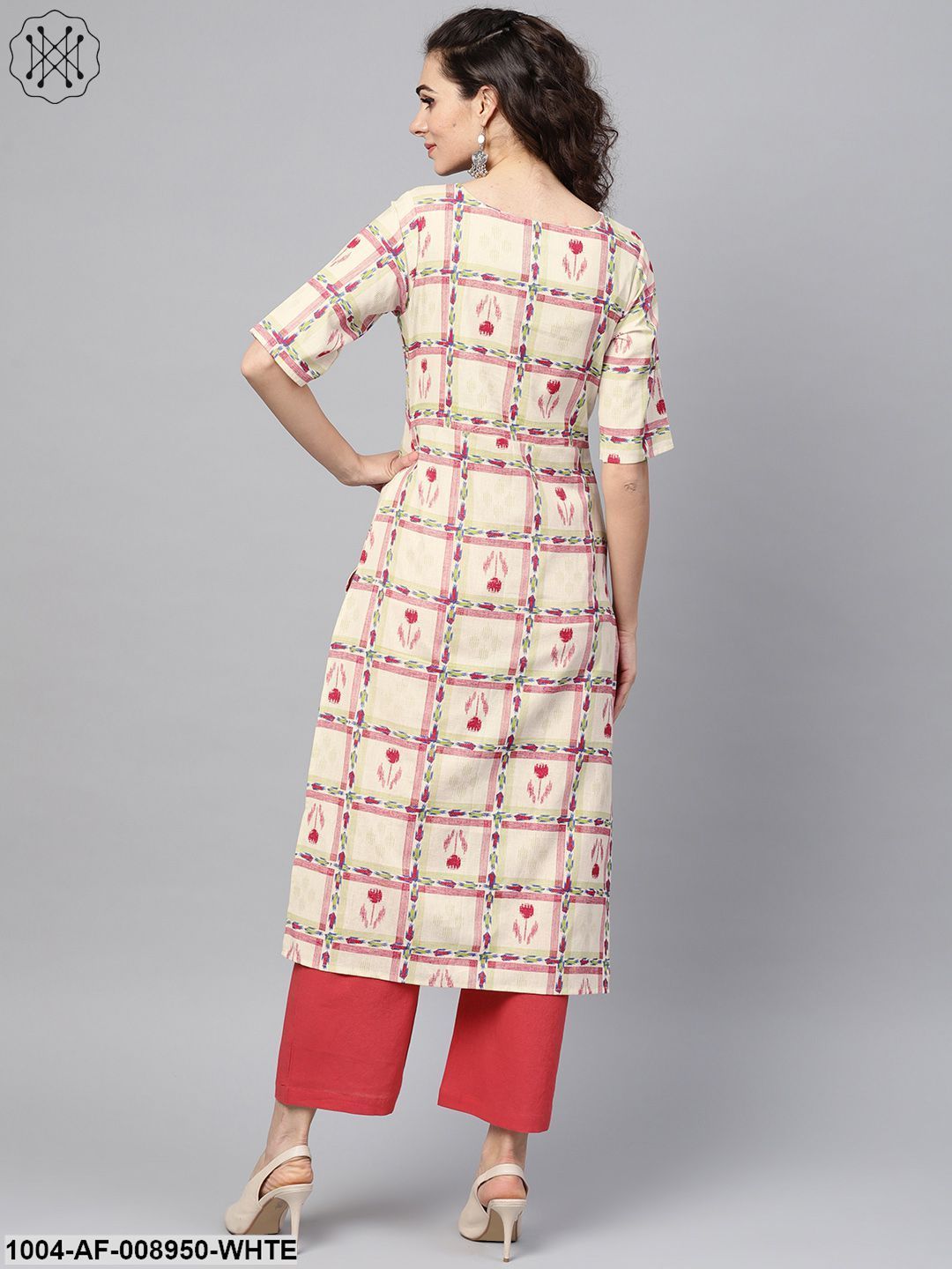White Checked Printed Straight Kurta Set With Solid Red Pants