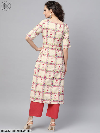 White Checked Printed Straight Kurta Set With Solid Red Pants