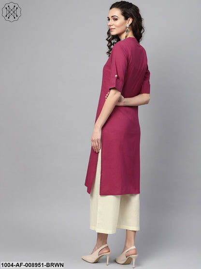 Solid Burgundy Straight Kurta Set With Cream Culottes