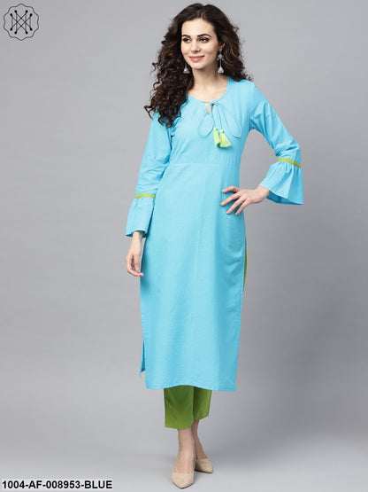 Solid Sky Blue Straight Kurta Set With Solid Light Green Pants