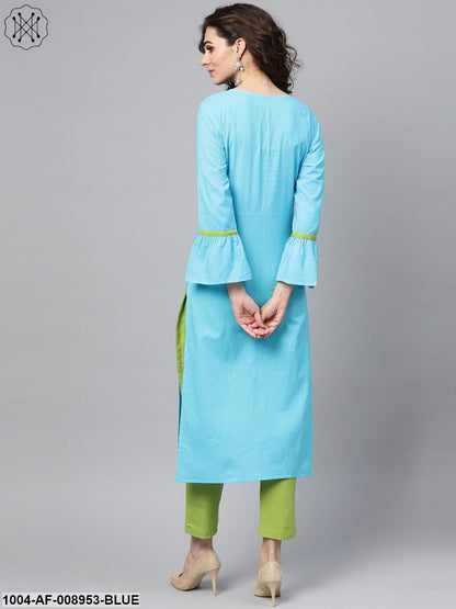 Solid Sky Blue Straight Kurta Set With Solid Light Green Pants
