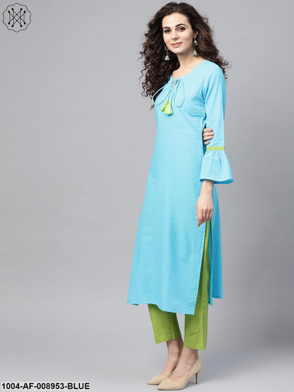 Solid Sky Blue Straight Kurta Set With Solid Light Green Pants