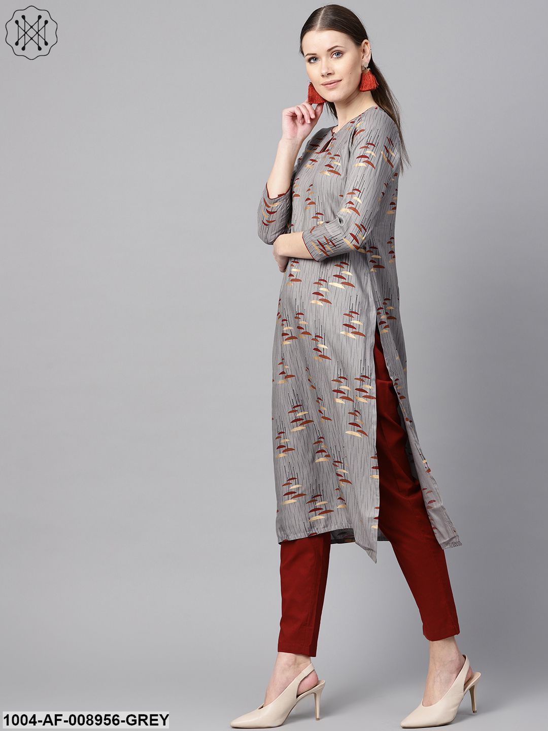 Round Neck Gold Khari Umbrella Printed With A Keyhole Straight Kurta With Solid Maroon Pant