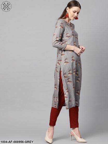 Round Neck Gold Khari Umbrella Printed With A Keyhole Straight Kurta With Solid Maroon Pant