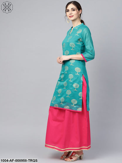 Floral Foil Print Chanderi Straight Kurta With Solid Skirt And Printed Dupatta