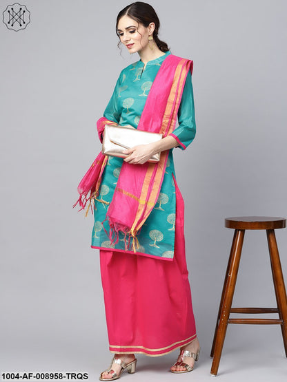 Floral Foil Print Chanderi Straight Kurta With Solid Skirt And Printed Dupatta