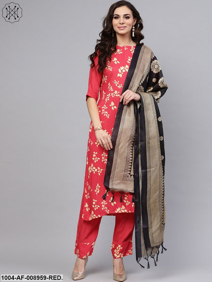 Leaf Printed Straight Kurta And Solid Pants With Printed Dupatta