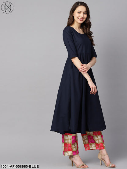 Solid Navy Blue Gathered A-Line Kurta With Solid Navy Blue Palazzo With Checks Printed Cuff At The Hem With Checks Printed Dupatta