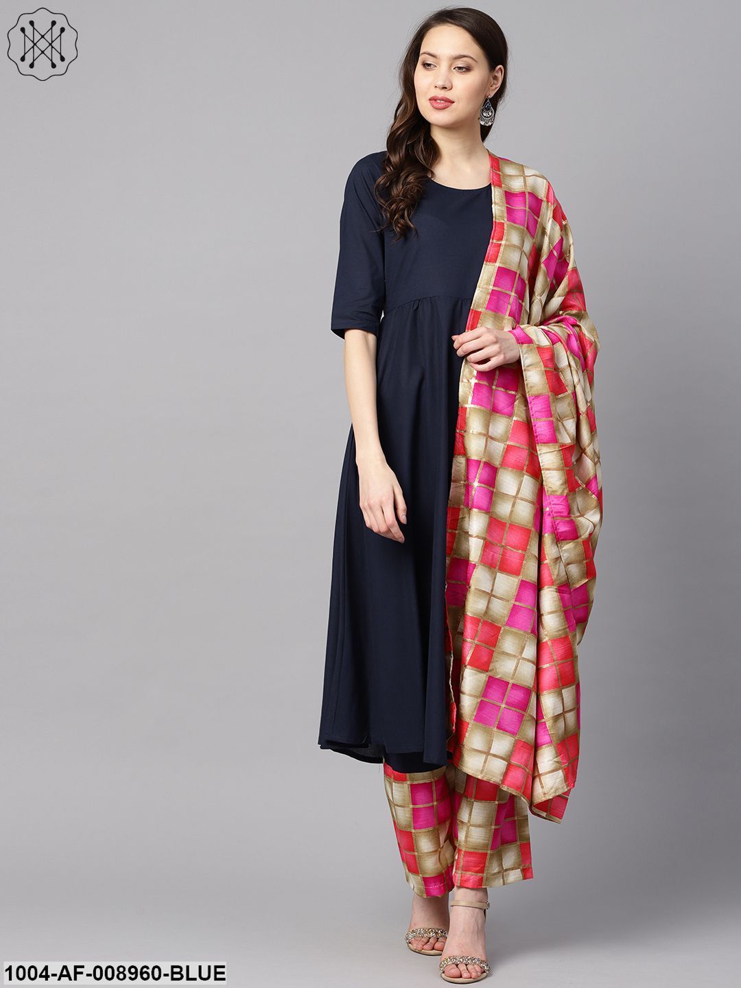 Solid Navy Blue Gathered A-Line Kurta With Solid Navy Blue Palazzo With Checks Printed Cuff At The Hem With Checks Printed Dupatta