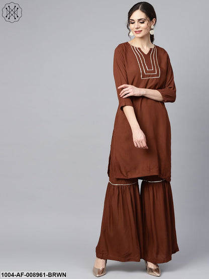 Solid Brown With Goat Detailing Straight Kurta And Sahara With Printed Dupatta
