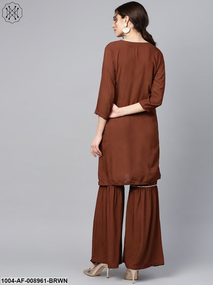 Solid Brown With Goat Detailing Straight Kurta And Sahara With Printed Dupatta