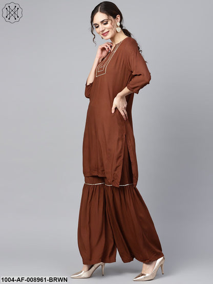 Solid Brown With Goat Detailing Straight Kurta And Sahara With Printed Dupatta