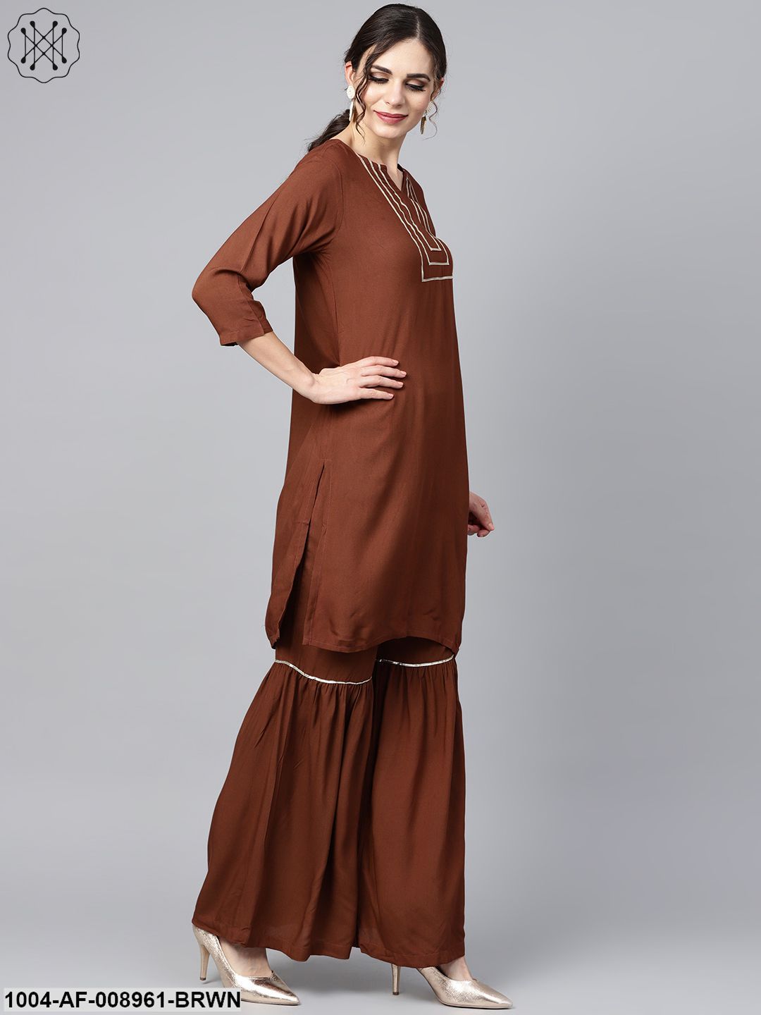 Solid Brown With Goat Detailing Straight Kurta And Sahara With Printed Dupatta