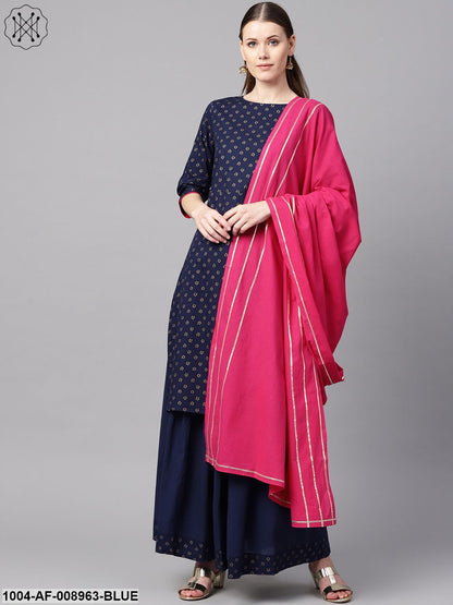 Navy Blue Gold Printed Straight Kurta With Solid Navy Blue Skirt With Solid Rani Pink Dupatta