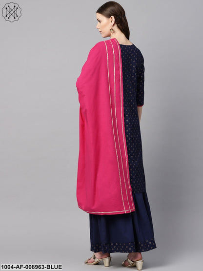 Navy Blue Gold Printed Straight Kurta With Solid Navy Blue Skirt With Solid Rani Pink Dupatta