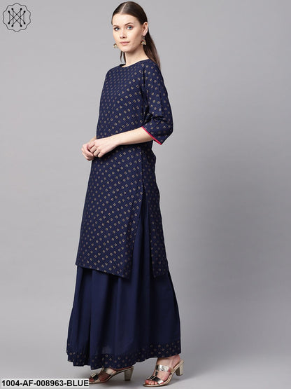 Navy Blue Gold Printed Straight Kurta With Solid Navy Blue Skirt With Solid Rani Pink Dupatta