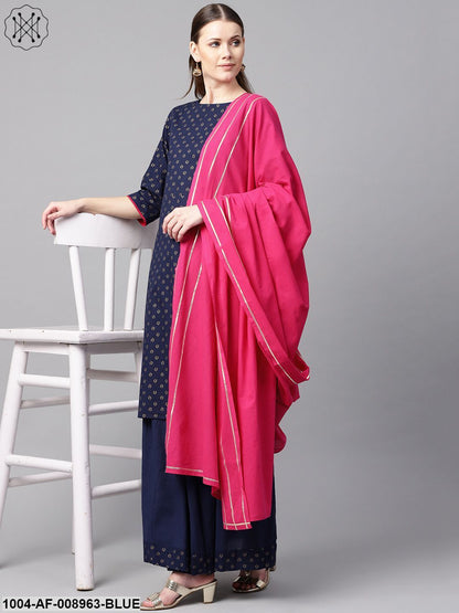 Navy Blue Gold Printed Straight Kurta With Solid Navy Blue Skirt With Solid Rani Pink Dupatta