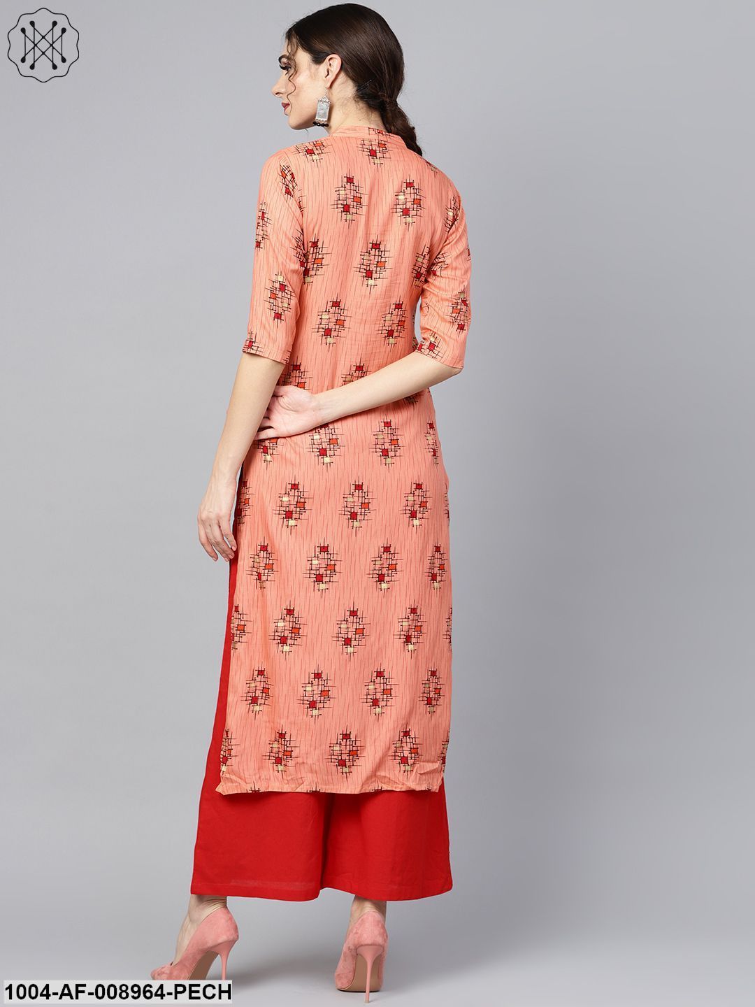 Geometric Gold Khari Printed Straight Kurta With Multi Slits And Button Detailing, With Solid Red Palazzo